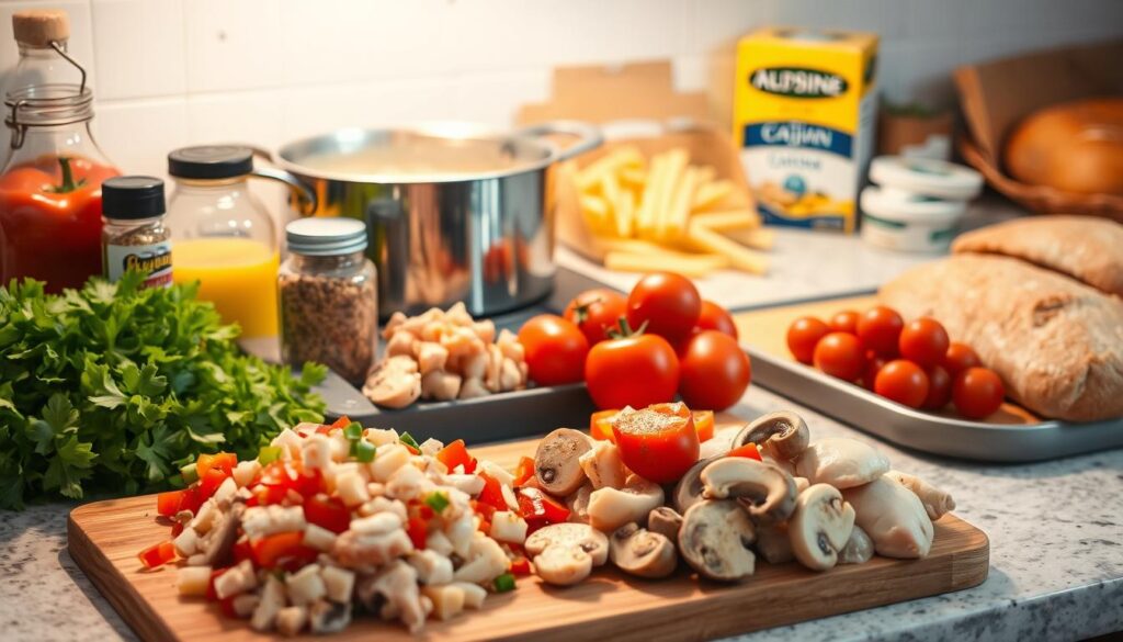 A well-lit kitchen counter filled with the essential ingredients for a creamy Cajun chicken pasta dish. In the foreground, a cutting board hosts an array of colorful vegetables - diced red and green bell peppers, sliced mushrooms, and plump cherry tomatoes. Next to them, a pile of tender chicken breasts and a jar of Cajun seasoning. In the middle ground, a saucepan simmers with a rich, creamy sauce made from heavy cream, grated Parmesan, and a splash of white wine. In the background, a box of uncooked pasta and a loaf of crusty bread await to complete this comforting, flavorful meal. The lighting is soft and warm, creating an inviting, homemade atmosphere. A well-lit kitchen counter filled with the essential ingredients for a creamy Cajun chicken pasta dish. In the foreground, a cutting board hosts an array of colorful vegetables - diced red and green bell peppers, sliced mushrooms, and plump cherry tomatoes. Next to them, a pile of tender chicken breasts and a jar of Cajun seasoning. In the middle ground, a saucepan simmers with a rich, creamy sauce made from heavy cream, grated Parmesan, and a splash of white wine. In the background, a box of uncooked pasta and a loaf of crusty bread await to complete this comforting, flavorful meal. The lighting is soft and warm, creating an inviting, homemade atmosphere.