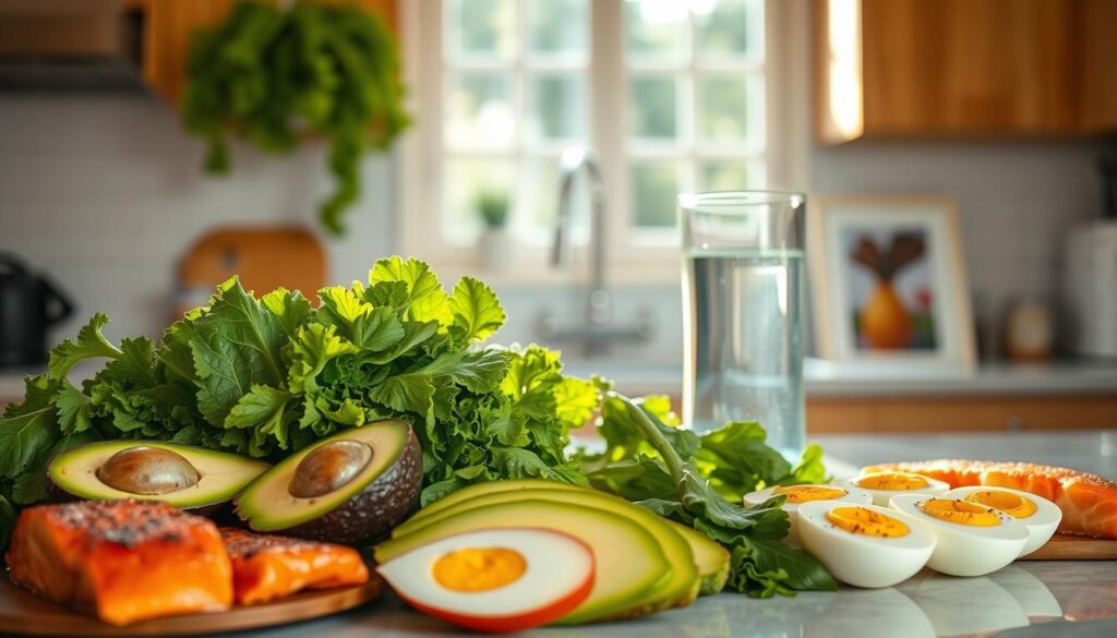 A well-lit kitchen counter, laid out with a variety of low-carb foods - fresh green leafy vegetables, sliced avocado, grilled salmon, hard-boiled eggs, and a glass of water. Soft natural lighting from an overhead window casts a warm glow, highlighting the vibrant colors and textures of the ingredients. The composition is balanced, with the food items arranged in an appealing, almost artistic manner. The mood is clean, healthy, and inviting, conveying the principles of a nutritious low-carb diet. A well-lit kitchen counter, laid out with a variety of low-carb foods - fresh green leafy vegetables, sliced avocado, grilled salmon, hard-boiled eggs, and a glass of water. Soft natural lighting from an overhead window casts a warm glow, highlighting the vibrant colors and textures of the ingredients. The composition is balanced, with the food items arranged in an appealing, almost artistic manner. The mood is clean, healthy, and inviting, conveying the principles of a nutritious low-carb diet.