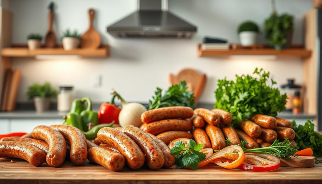 A well-lit kitchen counter showcasing an assortment of versatile chicken sausage options. In the foreground, various sausage varieties are displayed, including spicy, smoked, and herb-infused varieties. In the middle ground, fresh produce such as peppers, onions, and herbs accent the sausages, hinting at the endless flavor combinations. The background features a clean, modern kitchen environment with softly diffused lighting, creating a welcoming and appetizing atmosphere. The overall composition emphasizes the diversity and versatility of chicken sausage as a versatile ingredient for easy, flavorful meals. A well-lit kitchen counter showcasing an assortment of versatile chicken sausage options. In the foreground, various sausage varieties are displayed, including spicy, smoked, and herb-infused varieties. In the middle ground, fresh produce such as peppers, onions, and herbs accent the sausages, hinting at the endless flavor combinations. The background features a clean, modern kitchen environment with softly diffused lighting, creating a welcoming and appetizing atmosphere. The overall composition emphasizes the diversity and versatility of chicken sausage as a versatile ingredient for easy, flavorful meals.