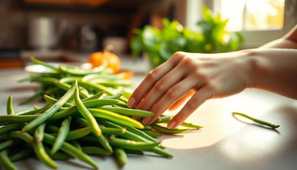 A well-lit kitchen counter, with a woman's hands carefully selecting fresh, vibrant green beans. The beans are crisp and slender, with a vibrant hue and a slight curve. The woman's fingertips gently run along the beans, inspecting each one for quality. The background is softly blurred, allowing the focus to remain on the tactile experience of choosing the perfect produce. Warm, natural lighting from a nearby window casts a gentle glow, accentuating the textural details of the beans. The scene exudes a sense of care, attention, and the joy of preparing a delicious, wholesome meal.