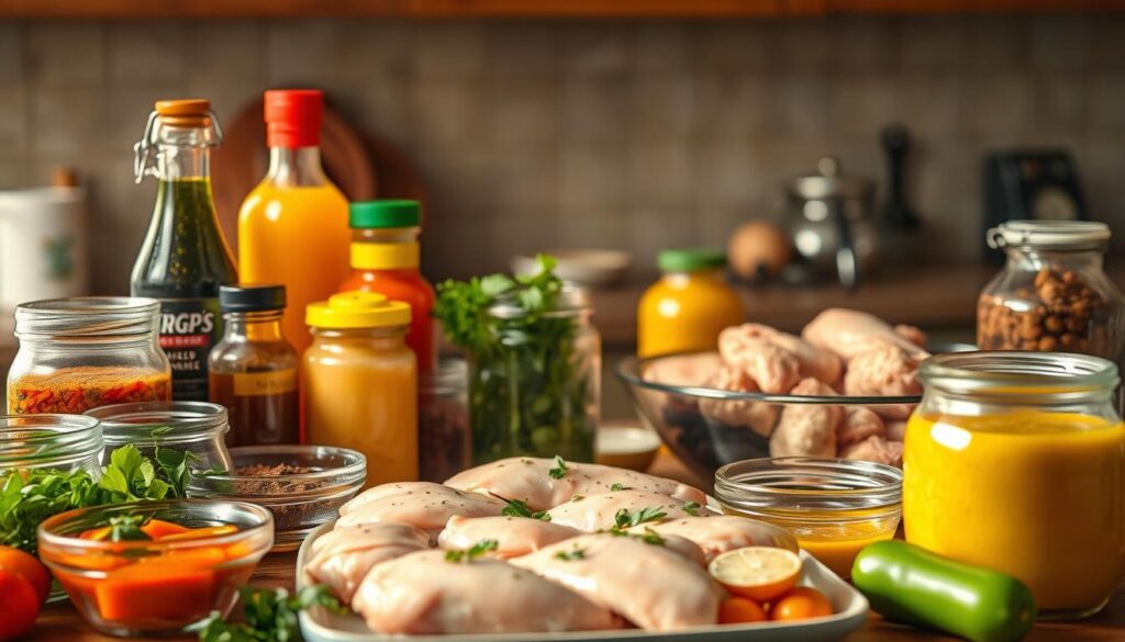A well-lit kitchen counter with an array of glass bowls and jars filled with various marinades and seasoning ingredients. In the foreground, an assortment of sauces, herbs, spices, and citrus fruits are neatly arranged, inviting the viewer to explore the diverse flavors. The middle ground features a selection of chicken breasts, thighs, and wings, hinting at the succulent grilled meal to come. The background is softly blurred, emphasizing the focus on the marinade options. Warm, natural lighting casts a subtle glow, creating a welcoming and appetizing atmosphere.