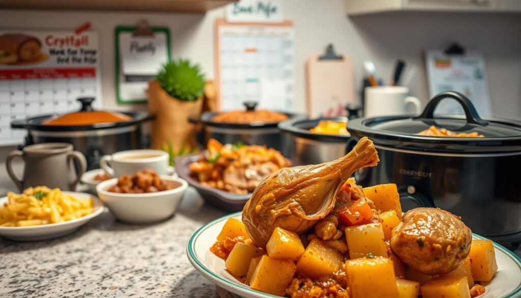 A well-lit kitchen countertop with a variety of slow cooker meals ready to be enjoyed after a long day at work. In the foreground, a savory crockpot chicken and potato dish, the tender meat falling off the bone and the potatoes cooked to perfection. In the middle ground, a selection of other tempting crockpot meals, such as hearty beef stew and creamy mac and cheese. The background features a calendar, a cup of coffee, and other office accessories, conveying the busy work-from-home lifestyle. The lighting is warm and inviting, creating a comforting atmosphere, perfect for a stress-free weeknight dinner. A well-lit kitchen countertop with a variety of slow cooker meals ready to be enjoyed after a long day at work. In the foreground, a savory crockpot chicken and potato dish, the tender meat falling off the bone and the potatoes cooked to perfection. In the middle ground, a selection of other tempting crockpot meals, such as hearty beef stew and creamy mac and cheese. The background features a calendar, a cup of coffee, and other office accessories, conveying the busy work-from-home lifestyle. The lighting is warm and inviting, creating a comforting atmosphere, perfect for a stress-free weeknight dinner.