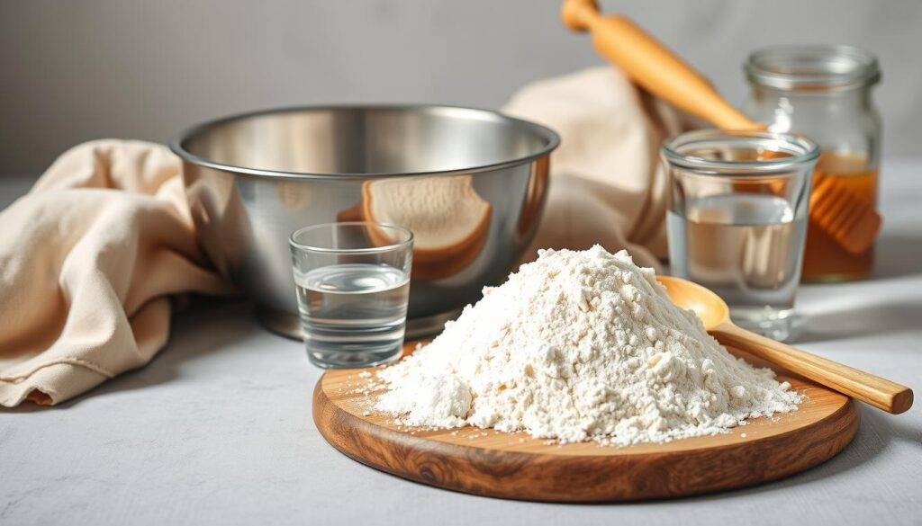 A well-lit, still-life composition of essential ingredients for homemade soft white bread. In the foreground, a wooden cutting board with a mound of all-purpose flour, a pile of active dry yeast, a pinch of salt, and a small glass of warm water. In the middle ground, a stainless steel mixing bowl and a wooden spoon. In the background, a natural linen cloth, a vintage rolling pin, and a glass jar of honey. Soft, diffused lighting from the side casts gentle shadows, highlighting the textures and colors of the baking essentials. The mood is inviting and approachable, reflecting the simplicity of homemade bread. A well-lit, still-life composition of essential ingredients for homemade soft white bread. In the foreground, a wooden cutting board with a mound of all-purpose flour, a pile of active dry yeast, a pinch of salt, and a small glass of warm water. In the middle ground, a stainless steel mixing bowl and a wooden spoon. In the background, a natural linen cloth, a vintage rolling pin, and a glass jar of honey. Soft, diffused lighting from the side casts gentle shadows, highlighting the textures and colors of the baking essentials. The mood is inviting and approachable, reflecting the simplicity of homemade bread.