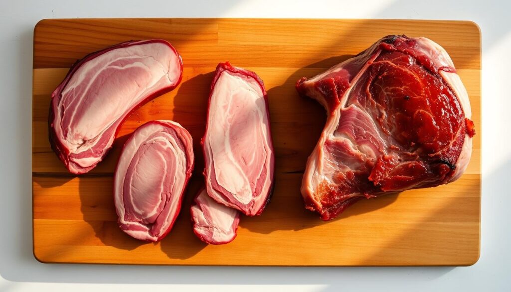 A well-lit wooden cutting board, showcasing a selection of brisket cuts - a flat cut, a point cut, and a whole brisket. The brisket pieces are positioned with care, highlighting their distinct marbling and grain. The lighting casts warm, natural shadows, emphasizing the textures and shapes of the meat. The background is a clean, neutral environment, allowing the brisket to be the focal point. The overall scene conveys an informative, instructional tone, inviting the viewer to closely examine the different brisket options for the perfect oven-roasted brisket. A well-lit wooden cutting board, showcasing a selection of brisket cuts - a flat cut, a point cut, and a whole brisket. The brisket pieces are positioned with care, highlighting their distinct marbling and grain. The lighting casts warm, natural shadows, emphasizing the textures and shapes of the meat. The background is a clean, neutral environment, allowing the brisket to be the focal point. The overall scene conveys an informative, instructional tone, inviting the viewer to closely examine the different brisket options for the perfect oven-roasted brisket.