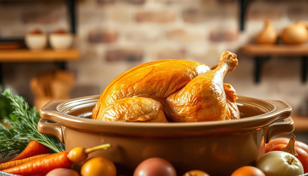A whole chicken nestled in a ceramic crockpot, its golden skin glistening under warm, natural lighting. The middle ground features vibrant vegetables - carrots, potatoes, and onions - arranged around the bird, their colors and textures complementing the dish. In the background, a simple rustic kitchen backdrop with wooden shelves and exposed brick walls sets a cozy, homey atmosphere. The scene evokes the comforting aroma and hearty flavors of a slow-cooked, family-style meal, inviting the viewer to imagine the tender, flavorful chicken waiting to be savored. A whole chicken nestled in a ceramic crockpot, its golden skin glistening under warm, natural lighting. The middle ground features vibrant vegetables - carrots, potatoes, and onions - arranged around the bird, their colors and textures complementing the dish. In the background, a simple rustic kitchen backdrop with wooden shelves and exposed brick walls sets a cozy, homey atmosphere. The scene evokes the comforting aroma and hearty flavors of a slow-cooked, family-style meal, inviting the viewer to imagine the tender, flavorful chicken waiting to be savored.