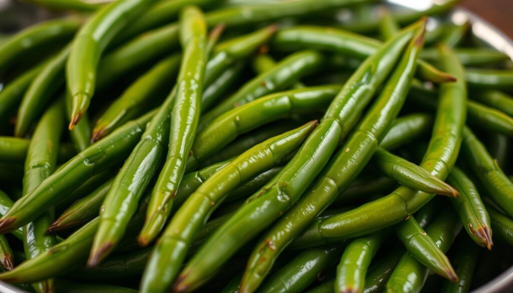 An appetizing display of fresh green beans, their vibrant emerald hues glistening under soft, even lighting. The beans are arranged in a rustic, casual manner, as if freshly harvested from the garden. Subtle shadows and highlights accentuate their delicate texture and shape. In the foreground, a few beans are slightly bent or curled, adding visual interest. The background is softly blurred, creating a sense of depth and focus on the star of the dish. The overall atmosphere is one of simple, wholesome goodness - a perfect representation of the "Crack Green Beans" recipe. An appetizing display of fresh green beans, their vibrant emerald hues glistening under soft, even lighting. The beans are arranged in a rustic, casual manner, as if freshly harvested from the garden. Subtle shadows and highlights accentuate their delicate texture and shape. In the foreground, a few beans are slightly bent or curled, adding visual interest. The background is softly blurred, creating a sense of depth and focus on the star of the dish. The overall atmosphere is one of simple, wholesome goodness - a perfect representation of the "Crack Green Beans" recipe.