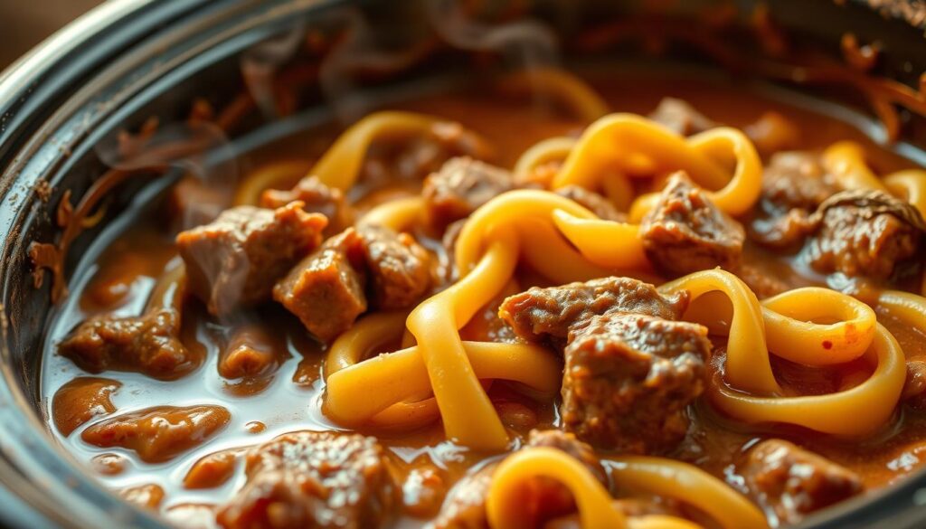 An appetizing image of a hearty slow-cooked dish, featuring tender beef and noodles in a rich, creamy French onion sauce. The foreground showcases the dish's luscious, golden-brown surface, with wisps of steam rising. In the middle, thick, tender noodles mingle with succulent beef chunks, coated in a velvety, caramelized onion-infused sauce. The background hints at the cozy, comforting atmosphere of a well-used crockpot, its weathered exterior complementing the homespun nature of the meal. Warm, indirect lighting casts a gentle glow, heightening the dish's inviting appearance. Captured with a shallow depth of field, the image draws the viewer's focus to the rich, creamy textures and mouthwatering presentation of this hearty, homestyle slow-cooker classic. An appetizing image of a hearty slow-cooked dish, featuring tender beef and noodles in a rich, creamy French onion sauce. The foreground showcases the dish's luscious, golden-brown surface, with wisps of steam rising. In the middle, thick, tender noodles mingle with succulent beef chunks, coated in a velvety, caramelized onion-infused sauce. The background hints at the cozy, comforting atmosphere of a well-used crockpot, its weathered exterior complementing the homespun nature of the meal. Warm, indirect lighting casts a gentle glow, heightening the dish's inviting appearance. Captured with a shallow depth of field, the image draws the viewer's focus to the rich, creamy textures and mouthwatering presentation of this hearty, homestyle slow-cooker classic.