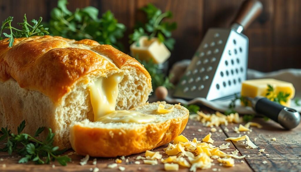 An artful still life showcasing the benefits of homemade cheesy bread, captured in warm, natural lighting. In the foreground, a freshly baked loaf, golden-crusted and oozing with melted cheese. Surrounding it, an assortment of vibrant herbs, a cheese grater, and a pat of butter, hinting at the flavorful ingredients and processes involved. In the middle ground, a scattering of cheese shreds and crumbs, suggesting the satisfying texture. The background features a rustic wooden surface, complemented by a linen cloth, creating a cozy, inviting atmosphere. The image conveys the homemade quality, the comforting aroma, and the pure indulgence of this easy, cheesy bread. An artful still life showcasing the benefits of homemade cheesy bread, captured in warm, natural lighting. In the foreground, a freshly baked loaf, golden-crusted and oozing with melted cheese. Surrounding it, an assortment of vibrant herbs, a cheese grater, and a pat of butter, hinting at the flavorful ingredients and processes involved. In the middle ground, a scattering of cheese shreds and crumbs, suggesting the satisfying texture. The background features a rustic wooden surface, complemented by a linen cloth, creating a cozy, inviting atmosphere. The image conveys the homemade quality, the comforting aroma, and the pure indulgence of this easy, cheesy bread.