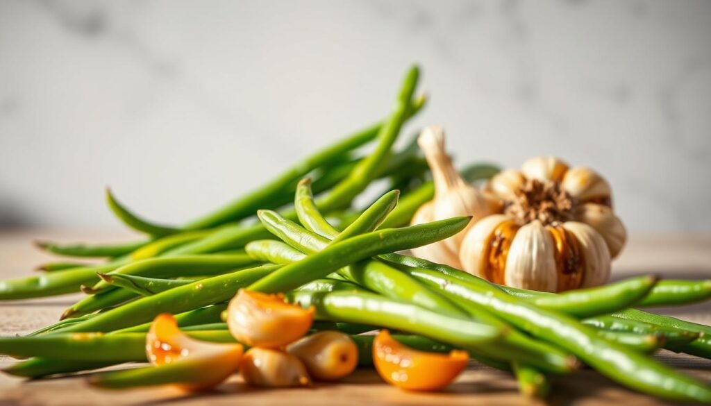 An artfully composed still life showcasing the vibrant health benefits of fresh green beans. In the foreground, a cluster of long, slender green beans are arranged with care, their emerald hues glowing under soft, natural lighting. In the middle ground, a handful of roasted garlic cloves add a warm, savory accent, their caramelized surfaces catching the light. The background features a simple, minimalist backdrop, allowing the verdant produce to take center stage. The overall scene conveys a sense of nourishment, wholesome goodness, and the delightful flavors to come in the "Roasted Garlic Green Beans" side dish. An artfully composed still life showcasing the vibrant health benefits of fresh green beans. In the foreground, a cluster of long, slender green beans are arranged with care, their emerald hues glowing under soft, natural lighting. In the middle ground, a handful of roasted garlic cloves add a warm, savory accent, their caramelized surfaces catching the light. The background features a simple, minimalist backdrop, allowing the verdant produce to take center stage. The overall scene conveys a sense of nourishment, wholesome goodness, and the delightful flavors to come in the "Roasted Garlic Green Beans" side dish.