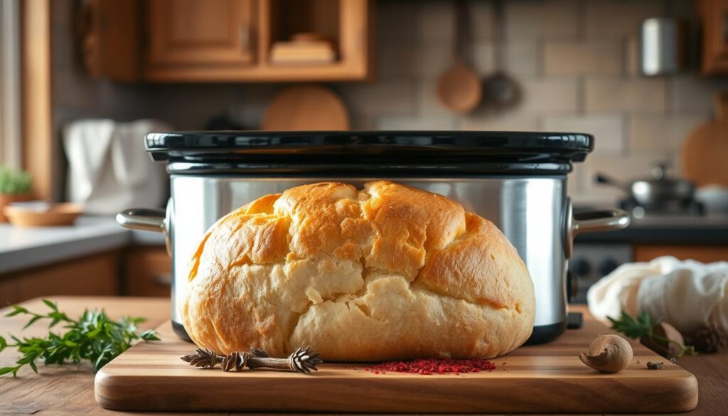 An impressive crockpot filled with freshly baked bread, its golden crust glistening under warm, soft lighting. The bread rests atop a wooden cutting board, surrounded by an assortment of savory herbs and spices. In the background, a cozy kitchen scene unfolds, with rustic wooden cabinets and a vintage oven, creating a comforting, homemade ambiance. The composition highlights the simplicity and convenience of baking bread in a crockpot, inviting the viewer to imagine the delightful aroma and satisfying taste of this easy, time-saving method. An impressive crockpot filled with freshly baked bread, its golden crust glistening under warm, soft lighting. The bread rests atop a wooden cutting board, surrounded by an assortment of savory herbs and spices. In the background, a cozy kitchen scene unfolds, with rustic wooden cabinets and a vintage oven, creating a comforting, homemade ambiance. The composition highlights the simplicity and convenience of baking bread in a crockpot, inviting the viewer to imagine the delightful aroma and satisfying taste of this easy, time-saving method.