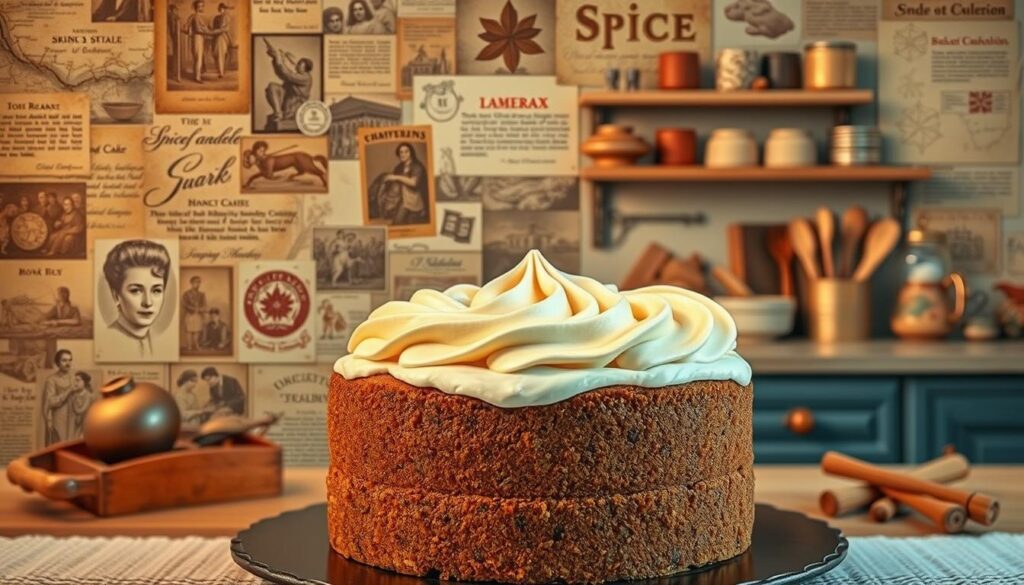 An intricate tapestry depicting the rich history of spice cake, set against a warm, cozy backdrop. In the foreground, a meticulously crafted spice cake, adorned with delicate swirls of cream cheese frosting, takes center stage. The middle ground showcases a collage of historical artifacts, from ancient spice trading routes to vintage recipe books, highlighting the evolution of this beloved dessert. In the background, a softly lit kitchen scene, with shelves filled with fragrant spices and baking tools, evokes a sense of timeless tradition. The overall composition conveys a harmonious blend of past and present, inviting the viewer to explore the captivating story behind the timeless delight of spice cake. An intricate tapestry depicting the rich history of spice cake, set against a warm, cozy backdrop. In the foreground, a meticulously crafted spice cake, adorned with delicate swirls of cream cheese frosting, takes center stage. The middle ground showcases a collage of historical artifacts, from ancient spice trading routes to vintage recipe books, highlighting the evolution of this beloved dessert. In the background, a softly lit kitchen scene, with shelves filled with fragrant spices and baking tools, evokes a sense of timeless tradition. The overall composition conveys a harmonious blend of past and present, inviting the viewer to explore the captivating story behind the timeless delight of spice cake.