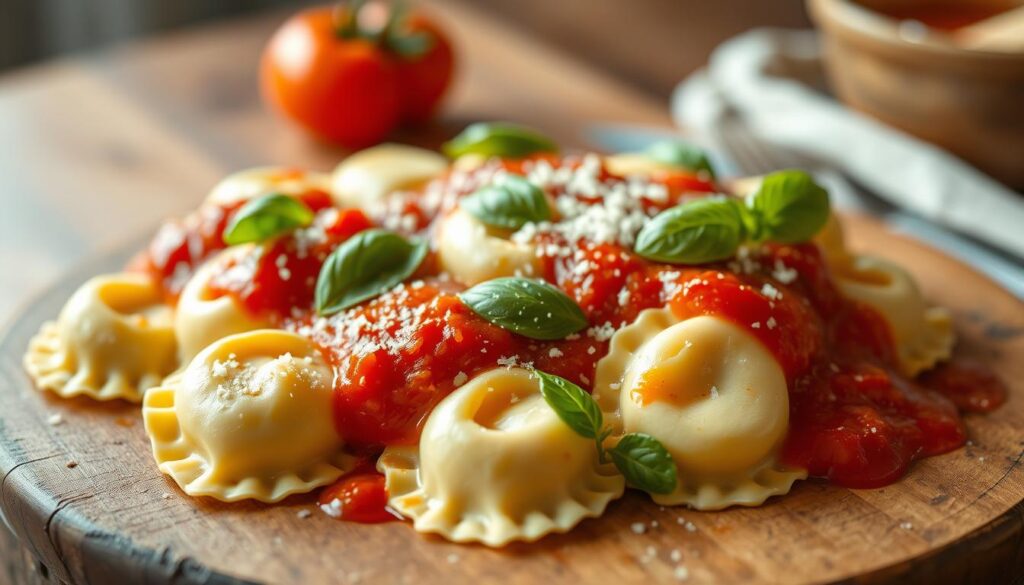 An inviting close-up of freshly prepared chicken tortellini on a rustic wooden table, with a shallow depth of field highlighting the plump pasta pouches. The tortellini are arranged artfully, with a vibrant red tomato sauce drizzled over them, complemented by fresh basil leaves and a sprinkle of grated parmesan. The lighting is warm and natural, casting a gentle glow on the scene, creating a homey and appetizing atmosphere. The image evokes the comfort and flavors of a classic Italian dish, perfectly capturing the essence of a chicken tortellini bake. An inviting close-up of freshly prepared chicken tortellini on a rustic wooden table, with a shallow depth of field highlighting the plump pasta pouches. The tortellini are arranged artfully, with a vibrant red tomato sauce drizzled over them, complemented by fresh basil leaves and a sprinkle of grated parmesan. The lighting is warm and natural, casting a gentle glow on the scene, creating a homey and appetizing atmosphere. The image evokes the comfort and flavors of a classic Italian dish, perfectly capturing the essence of a chicken tortellini bake.