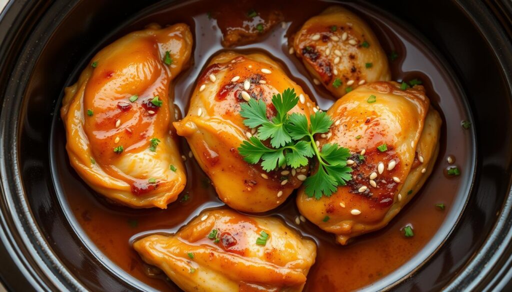 An inviting crockpot dish of succulent honey garlic chicken, simmered to perfection. The chicken is nestled in a rich, glossy sauce, made from a blend of sweet honey, fragrant garlic, and savory spices. The tender meat falls off the bone effortlessly, inviting the viewer to imagine the mouthwatering flavors. Garnished with fresh parsley and a sprinkle of sesame seeds, the image exudes a comforting, homemade aroma. Captured in a warm, top-down angle with soft, diffused lighting, highlighting the dish's vibrant colors and appetizing texture. The scene evokes a sense of cozy, effortless home-cooking, perfectly suited to illustrate the "What Makes Crockpot Honey Garlic Chicken Special?" section. An inviting crockpot dish of succulent honey garlic chicken, simmered to perfection. The chicken is nestled in a rich, glossy sauce, made from a blend of sweet honey, fragrant garlic, and savory spices. The tender meat falls off the bone effortlessly, inviting the viewer to imagine the mouthwatering flavors. Garnished with fresh parsley and a sprinkle of sesame seeds, the image exudes a comforting, homemade aroma. Captured in a warm, top-down angle with soft, diffused lighting, highlighting the dish's vibrant colors and appetizing texture. The scene evokes a sense of cozy, effortless home-cooking, perfectly suited to illustrate the "What Makes Crockpot Honey Garlic Chicken Special?" section.