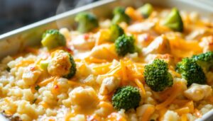 Broccoli Cheddar Chicken Rice Casserole, a comforting dish with vibrant broccoli florets, tender chicken, and melted cheddar cheese, all nestled in a bed of fluffy white rice. The casserole is presented in a deep, ovenproof dish, fresh from the oven, with a golden-brown crust on top. Soft lighting casts a warm glow, highlighting the rich, creamy textures and the steam gently rising from the casserole. The scene evokes a sense of home-cooked, nourishing comfort, perfect for an easy, satisfying dinner.