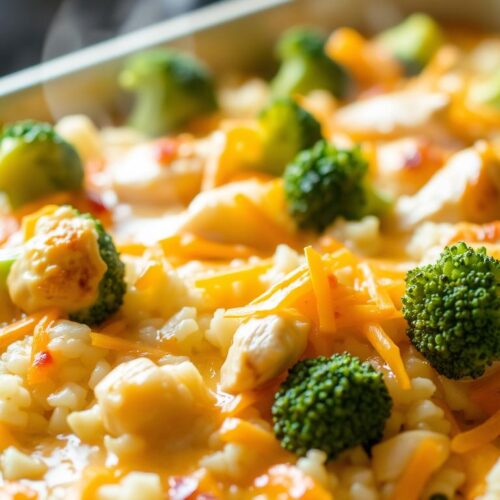 Broccoli Cheddar Chicken Rice Casserole, a comforting dish with vibrant broccoli florets, tender chicken, and melted cheddar cheese, all nestled in a bed of fluffy white rice. The casserole is presented in a deep, ovenproof dish, fresh from the oven, with a golden-brown crust on top. Soft lighting casts a warm glow, highlighting the rich, creamy textures and the steam gently rising from the casserole. The scene evokes a sense of home-cooked, nourishing comfort, perfect for an easy, satisfying dinner.