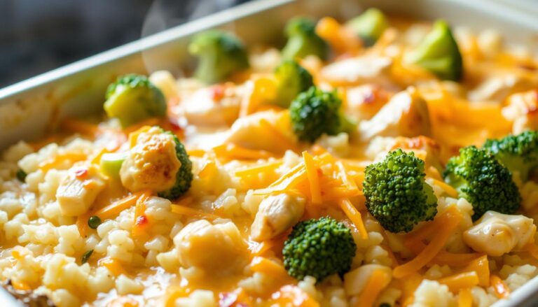 Broccoli Cheddar Chicken Rice Casserole, a comforting dish with vibrant broccoli florets, tender chicken, and melted cheddar cheese, all nestled in a bed of fluffy white rice. The casserole is presented in a deep, ovenproof dish, fresh from the oven, with a golden-brown crust on top. Soft lighting casts a warm glow, highlighting the rich, creamy textures and the steam gently rising from the casserole. The scene evokes a sense of home-cooked, nourishing comfort, perfect for an easy, satisfying dinner.