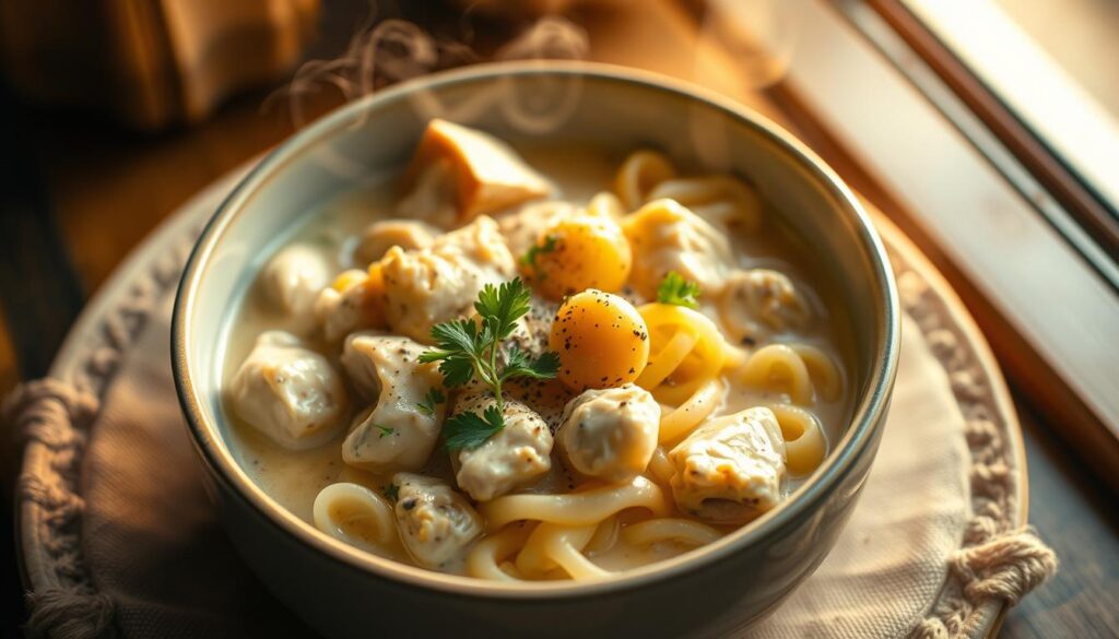 Cozy bowl of creamy chicken with buttered egg noodles, garnished with fresh parsley and cracked black pepper. Steaming hot, inviting comfort on a rainy day. Warm lighting casts a golden glow, creating a soothing, homey atmosphere. Shot from an overhead angle, the dish fills the frame, steam rising gently. Soft, muted colors and a slight depth-of-field blur, evoking a sense of nostalgia and familiarity. Comfort food at its finest, an honest, satisfying meal to nourish the soul. Cozy bowl of creamy chicken with buttered egg noodles, garnished with fresh parsley and cracked black pepper. Steaming hot, inviting comfort on a rainy day. Warm lighting casts a golden glow, creating a soothing, homey atmosphere. Shot from an overhead angle, the dish fills the frame, steam rising gently. Soft, muted colors and a slight depth-of-field blur, evoking a sense of nostalgia and familiarity. Comfort food at its finest, an honest, satisfying meal to nourish the soul.
