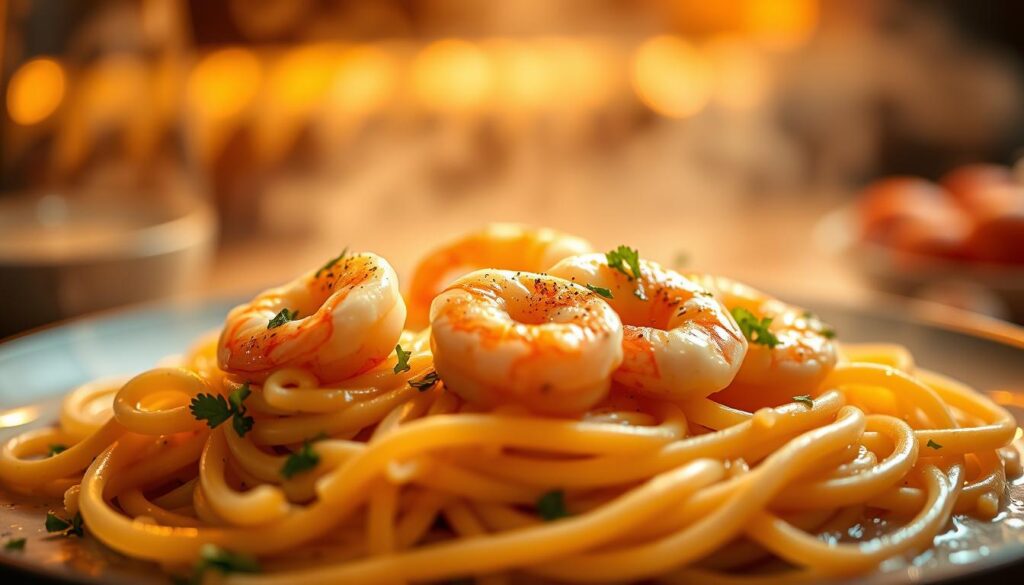 Creamy Shrimp Alfredo - a delectable pasta dish bathed in a rich, velvety sauce. In the foreground, plump, juicy shrimp nestled atop al dente fettuccine noodles, coated in a decadent Parmesan-infused cream sauce. Garnished with freshly chopped parsley, a subtle hint of garlic, and a sprinkle of cracked black pepper. The mise en place is illuminated by soft, warm lighting, casting a cozy, intimate atmosphere. The background blurs into a hazy, atmospheric setting, drawing the eye to the star of the dish. Captured with a shallow depth of field, the image conveys the sumptuous, indulgent nature of this classic Italian-American comfort food. Creamy Shrimp Alfredo - a delectable pasta dish bathed in a rich, velvety sauce. In the foreground, plump, juicy shrimp nestled atop al dente fettuccine noodles, coated in a decadent Parmesan-infused cream sauce. Garnished with freshly chopped parsley, a subtle hint of garlic, and a sprinkle of cracked black pepper. The mise en place is illuminated by soft, warm lighting, casting a cozy, intimate atmosphere. The background blurs into a hazy, atmospheric setting, drawing the eye to the star of the dish. Captured with a shallow depth of field, the image conveys the sumptuous, indulgent nature of this classic Italian-American comfort food.