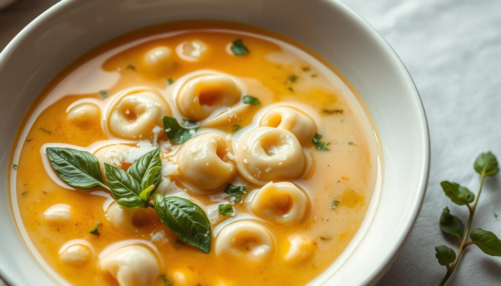 Creamy chicken tortellini soup in a large white bowl, garnished with fresh basil, parmesan cheese, and a drizzle of olive oil. The tortellini pasta floats in a rich, velvety broth. Soft lighting creates a cozy, inviting atmosphere, highlighting the delicate colors and textures. The soup is set against a neutral background, allowing the comforting dish to take center stage. A sense of warmth and nourishment emanates from the image, enticing the viewer to indulge in this hearty and satisfying meal.