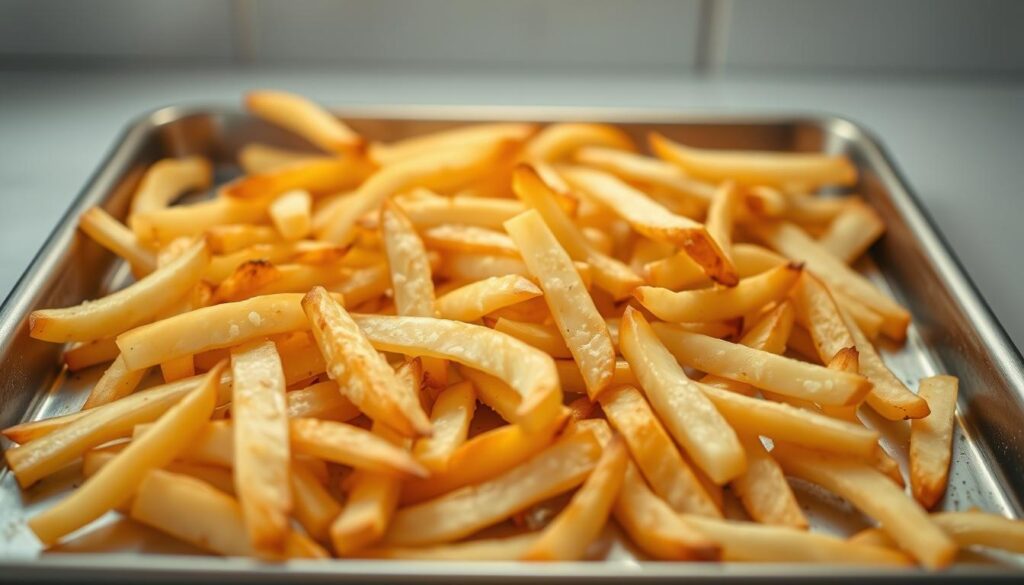 Crisp, golden-brown turnip fries, freshly baked in a well-lit kitchen. The fries are cut into thin, uniform slices, arranged neatly on a metallic baking sheet. Warm, comforting lighting casts a soft glow, highlighting the natural textures and subtle shades of the turnips. The fries are lightly seasoned, perhaps with a sprinkle of salt and a hint of fragrant herbs. The background is clean and minimalist, allowing the turnip fries to be the central focus of the image. A sense of simplicity and wholesome goodness radiates from the scene, inviting the viewer to imagine the satisfying crunch and earthy flavors of these unique, healthier alternative to traditional French fries. Crisp, golden-brown turnip fries, freshly baked in a well-lit kitchen. The fries are cut into thin, uniform slices, arranged neatly on a metallic baking sheet. Warm, comforting lighting casts a soft glow, highlighting the natural textures and subtle shades of the turnips. The fries are lightly seasoned, perhaps with a sprinkle of salt and a hint of fragrant herbs. The background is clean and minimalist, allowing the turnip fries to be the central focus of the image. A sense of simplicity and wholesome goodness radiates from the scene, inviting the viewer to imagine the satisfying crunch and earthy flavors of these unique, healthier alternative to traditional French fries.