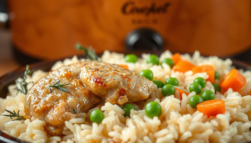 Crockpot chicken and rice, a hearty and comforting dish. In the foreground, tender chicken thighs, slow-cooked to perfection, nestled among fragrant white rice. Rosemary, garlic, and onion infuse the dish with aromatic depth. The middle ground showcases vibrant peas and carrots, adding pops of color and texture. Warm, ambient lighting casts a cozy glow, drawing the viewer into the scene. The background features the rustic earthenware of the crockpot, hinting at the care and time invested in this homemade meal. An inviting and mouthwatering tableau, capturing the essence of why the Crockpot Chicken and Rice recipe is a time-honored favorite.