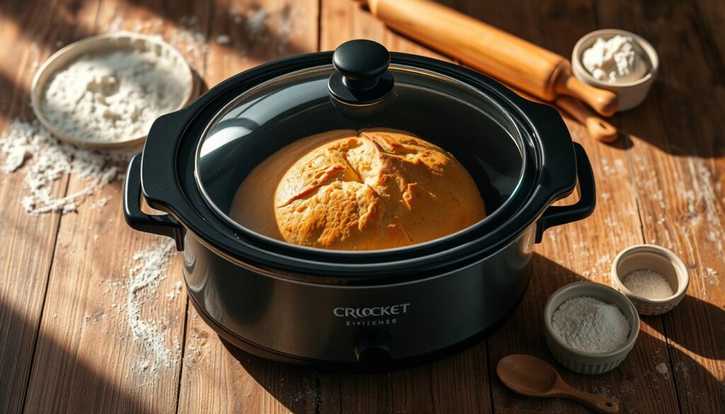 Crockpot resting on a rustic wooden table, filled with a freshly baked round loaf of bread, its golden crust glistening under warm, soft lighting. Fluffy crumb visible through the transparent glass lid. Surrounding the crockpot, various baking tools like a flour-dusted rolling pin, a wooden spoon, and a small ceramic bowl filled with extra yeast. Soft shadows cast across the scene, creating a cozy, homely atmosphere. The composition is centered, with the crockpot taking up the majority of the frame, emphasizing its role as the star of the image. Crockpot resting on a rustic wooden table, filled with a freshly baked round loaf of bread, its golden crust glistening under warm, soft lighting. Fluffy crumb visible through the transparent glass lid. Surrounding the crockpot, various baking tools like a flour-dusted rolling pin, a wooden spoon, and a small ceramic bowl filled with extra yeast. Soft shadows cast across the scene, creating a cozy, homely atmosphere. The composition is centered, with the crockpot taking up the majority of the frame, emphasizing its role as the star of the image.