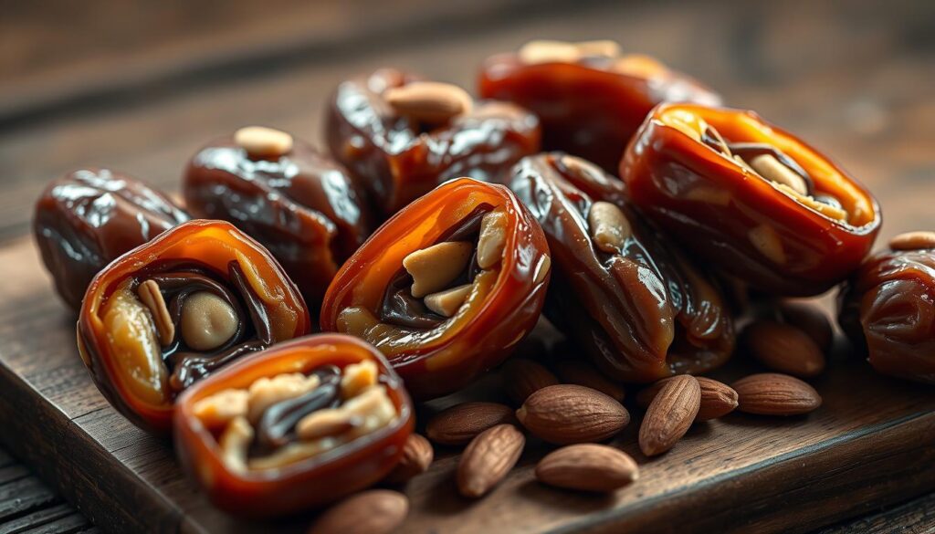 Dates that glisten like polished amber, their caramel-hued flesh nestled in a soft, pillowy texture. The luscious interior of each date is swirled with ribbons of rich, chocolatey nougat, evocative of the beloved Snickers bar. A scattering of roasted almonds adorns the surface, adding a subtle crunch to the otherwise velvety indulgence. Soft, dramatic lighting casts a warm, enticing glow over the composition, inviting the viewer to imagine the satisfying bite and the harmonious blend of flavors. Arranged on a rustic wooden surface, these "date Snickers" exude an air of sophisticated and healthful decadence. Dates that glisten like polished amber, their caramel-hued flesh nestled in a soft, pillowy texture. The luscious interior of each date is swirled with ribbons of rich, chocolatey nougat, evocative of the beloved Snickers bar. A scattering of roasted almonds adorns the surface, adding a subtle crunch to the otherwise velvety indulgence. Soft, dramatic lighting casts a warm, enticing glow over the composition, inviting the viewer to imagine the satisfying bite and the harmonious blend of flavors. Arranged on a rustic wooden surface, these "date Snickers" exude an air of sophisticated and healthful decadence.
