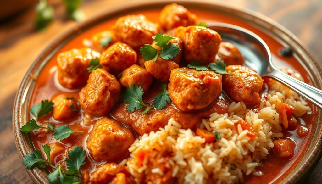 Delectable quick chicken curry, simmering in a rich, aromatic sauce. Tender chicken morsels nestled atop a bed of fragrant basmati rice, garnished with fresh cilantro. Warm lighting illuminates the dish, casting a cozy glow. The composition is artfully arranged, drawing the eye to the vibrant colors and inviting textures. A stainless steel spoon rests nearby, hinting at the savory depth of flavors. The scene exudes a sense of home-cooked comfort and the promise of a satisfying, flavorful meal.