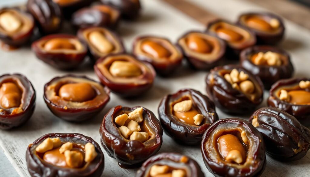 Delicate date bites with a rich, gooey Snickers-inspired center, captured in a soft, natural lighting. The foreground showcases the bite-sized treats, their dark dates contrasting with the caramel and nougat filling, sprinkled with chopped peanuts. The middle ground reveals the process, with halved dates arranged alongside the prepared centers, while the background hints at a rustic wooden surface, creating a warm, homemade atmosphere. The image conveys the indulgent yet wholesome nature of this unique twist on a classic candy. Delicate date bites with a rich, gooey Snickers-inspired center, captured in a soft, natural lighting. The foreground showcases the bite-sized treats, their dark dates contrasting with the caramel and nougat filling, sprinkled with chopped peanuts. The middle ground reveals the process, with halved dates arranged alongside the prepared centers, while the background hints at a rustic wooden surface, creating a warm, homemade atmosphere. The image conveys the indulgent yet wholesome nature of this unique twist on a classic candy.