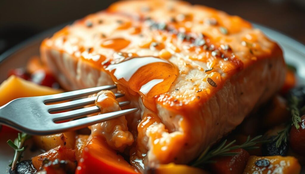 Delicate fillet of wild-caught salmon, brushed with a glistening glaze of golden honey, nestled atop a bed of roasted vegetables. The fish's tender flesh gently flakes under the pressure of a fork, revealing its juicy, flavorful interior. Soft, warm lighting casts a cozy, inviting glow over the entire scene, drawing the viewer's attention to the enticing dish. The composition is artfully arranged, presenting the salmon as the undisputed star of this culinary masterpiece. A tantalizing aroma of caramelized honey and fragrant herbs fills the air, promising a mouthwatering dining experience. Delicate fillet of wild-caught salmon, brushed with a glistening glaze of golden honey, nestled atop a bed of roasted vegetables. The fish's tender flesh gently flakes under the pressure of a fork, revealing its juicy, flavorful interior. Soft, warm lighting casts a cozy, inviting glow over the entire scene, drawing the viewer's attention to the enticing dish. The composition is artfully arranged, presenting the salmon as the undisputed star of this culinary masterpiece. A tantalizing aroma of caramelized honey and fragrant herbs fills the air, promising a mouthwatering dining experience.