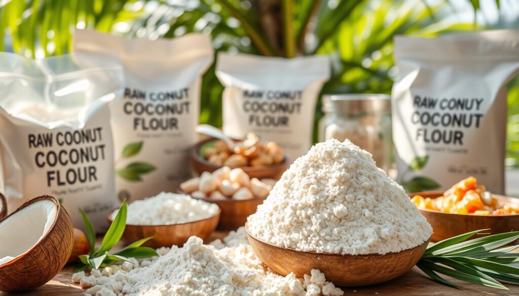 Detailed close-up image of an assortment of coconut flour products, including bags, containers, and raw coconut flour. Bright, natural lighting illuminates the creamy, finely-ground texture of the flour. The foreground focuses on the coconut flour itself, showcasing its versatility and health benefits. The middle ground features various coconut flour recipes and dishes, highlighting its culinary applications. The background depicts lush, tropical foliage, evoking the origins of this nutritious ingredient. A serene, inviting atmosphere conveys the wholesome, natural qualities of coconut flour. Detailed close-up image of an assortment of coconut flour products, including bags, containers, and raw coconut flour. Bright, natural lighting illuminates the creamy, finely-ground texture of the flour. The foreground focuses on the coconut flour itself, showcasing its versatility and health benefits. The middle ground features various coconut flour recipes and dishes, highlighting its culinary applications. The background depicts lush, tropical foliage, evoking the origins of this nutritious ingredient. A serene, inviting atmosphere conveys the wholesome, natural qualities of coconut flour.