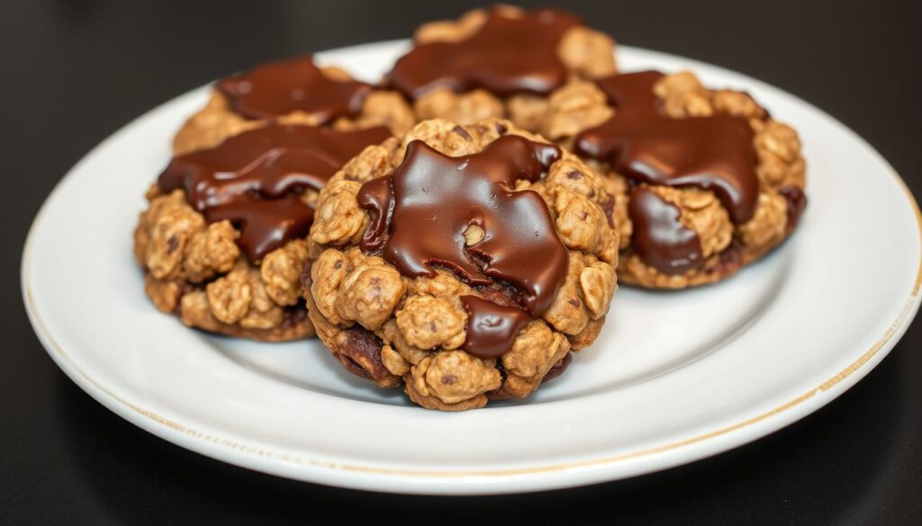 Detailed close-up shot of a plate of freshly made no-bake chocolate oatmeal cookies, artfully arranged with a soft, even studio lighting highlighting the rich, glistening chocolate coating and the hearty, textured oatmeal base. The cookies are presented on a simple, uncluttered white ceramic plate, allowing the delectable confections to take center stage. The overall mood is one of inviting, homemade indulgence, capturing the essence of a delicious, guilt-free treat that is sure to delight the senses.