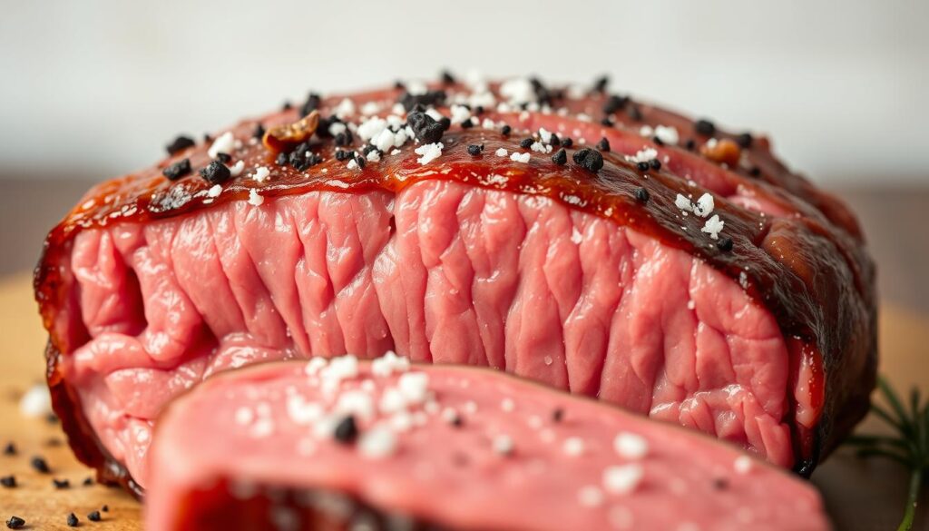 Detailed close-up shot of a succulent beef tenderloin, glistening with a light sear and dusted with coarse salt and cracked black pepper. The meat is showcased against a neutral background, with soft, diffused lighting from above to accentuate the tender, juicy texture. The frame captures the cut's distinctive tapered shape and smooth, uniform interior, conveying the premium quality and delicate nature of this prized cut of beef. Crisp, high-resolution details allow the viewer to appreciate the fine marbling and fibrous structure that defines the tenderloin's signature melt-in-your-mouth experience. Detailed close-up shot of a succulent beef tenderloin, glistening with a light sear and dusted with coarse salt and cracked black pepper. The meat is showcased against a neutral background, with soft, diffused lighting from above to accentuate the tender, juicy texture. The frame captures the cut's distinctive tapered shape and smooth, uniform interior, conveying the premium quality and delicate nature of this prized cut of beef. Crisp, high-resolution details allow the viewer to appreciate the fine marbling and fibrous structure that defines the tenderloin's signature melt-in-your-mouth experience.