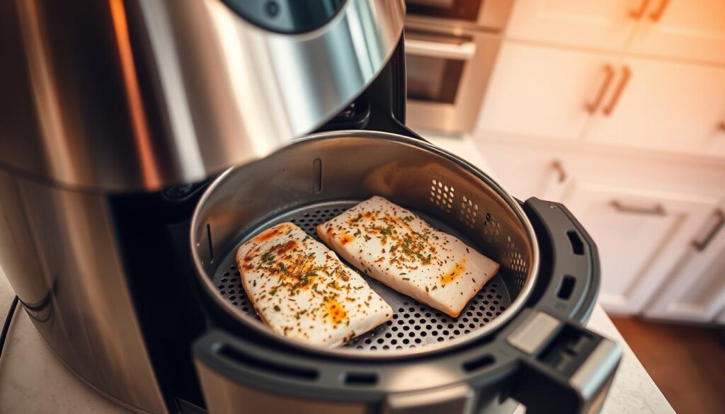 Detailed image of an air fryer cooking fish fillets on a perforated metal tray, shot from an overhead angle with warm, soft lighting illuminating the scene. The air fryer is prominently featured in the foreground, its sleek stainless steel exterior gleaming. Fish fillets, seasoned with herbs and spices, sizzle and brown inside the air fryer basket, releasing tantalizing aromas. The background is a minimalist kitchen countertop, with clean white cabinetry and subtle reflections on the stainless steel appliances. The overall mood is one of efficiency, healthfulness, and culinary delight, perfectly capturing the essence of air fryer cooking. Detailed image of an air fryer cooking fish fillets on a perforated metal tray, shot from an overhead angle with warm, soft lighting illuminating the scene. The air fryer is prominently featured in the foreground, its sleek stainless steel exterior gleaming. Fish fillets, seasoned with herbs and spices, sizzle and brown inside the air fryer basket, releasing tantalizing aromas. The background is a minimalist kitchen countertop, with clean white cabinetry and subtle reflections on the stainless steel appliances. The overall mood is one of efficiency, healthfulness, and culinary delight, perfectly capturing the essence of air fryer cooking.