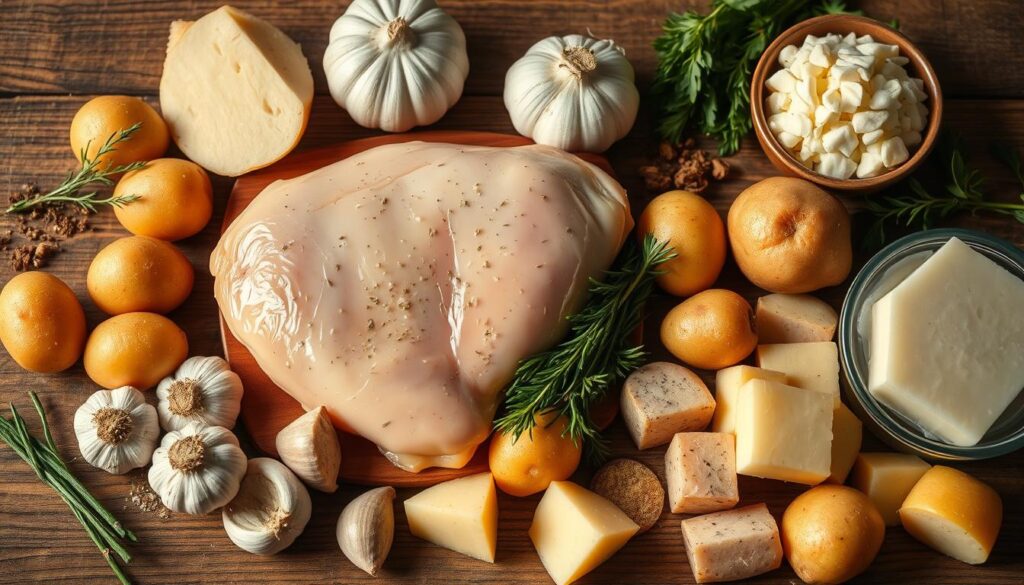 Detailed still life composition of assorted crockpot chicken and potatoes ingredients, arranged neatly on a rustic wooden table. Soft, warm lighting casts gentle shadows, highlighting the textures and colors of the fresh chicken, potatoes, garlic, parmesan cheese, herbs, and other seasonings. The layout is visually appealing, with the ingredients thoughtfully placed to create an enticing, appetizing scene. The overall mood is cozy, homey, and inviting, evoking the comfort and simplicity of a satisfying crockpot meal. The camera angle is slightly elevated, providing a clear, unobstructed view of the entire setup. Detailed still life composition of assorted crockpot chicken and potatoes ingredients, arranged neatly on a rustic wooden table. Soft, warm lighting casts gentle shadows, highlighting the textures and colors of the fresh chicken, potatoes, garlic, parmesan cheese, herbs, and other seasonings. The layout is visually appealing, with the ingredients thoughtfully placed to create an enticing, appetizing scene. The overall mood is cozy, homey, and inviting, evoking the comfort and simplicity of a satisfying crockpot meal. The camera angle is slightly elevated, providing a clear, unobstructed view of the entire setup.