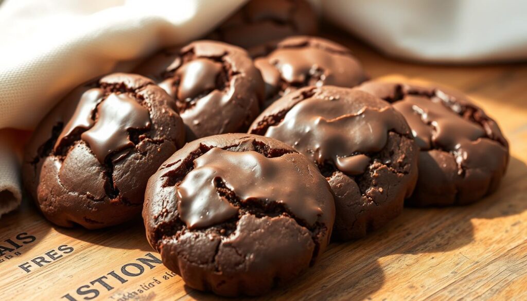 Enticing and appetizing chocolate biscuits, freshly baked with a glossy, tempting sheen. Arranged artfully on a rustic wooden surface, with a soft, crumbly texture visible. The biscuits are presented against a warm, cozy backdrop, perhaps a linen cloth or a natural stone surface, to create a homely, inviting atmosphere. Soft, diffused lighting from the side casts gentle shadows, highlighting the rich color and delicate shape of the biscuits. The composition should feel balanced and visually appealing, showcasing the biscuits as the star of the scene. An overall mood of comfort, indulgence, and the irresistible allure of homemade chocolate treats.