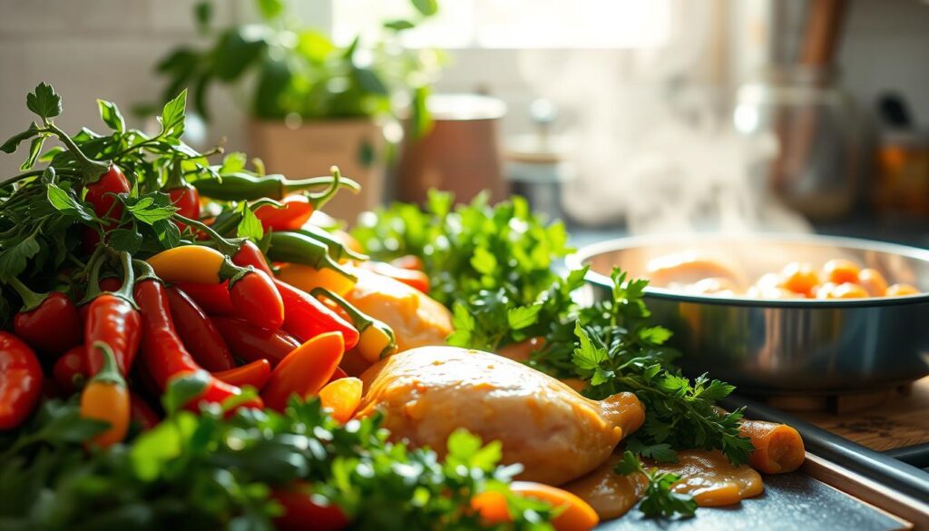 Flavorful ingredients in a sun-dappled kitchen: a bounty of vibrant pepperoncini peppers, plump chicken thighs, fragrant herbs, and a rich, creamy sauce simmering on the stovetop. Soft light filters through a window, casting warm, golden highlights on the scene. The composition focuses on the array of tantalizing elements, drawing the eye to the delectable ingredients that promise a flavor-packed meal. Warm, earthy tones and a slightly hazy, inviting atmosphere evoke the comforting, homestyle essence of the dish. Flavorful ingredients in a sun-dappled kitchen: a bounty of vibrant pepperoncini peppers, plump chicken thighs, fragrant herbs, and a rich, creamy sauce simmering on the stovetop. Soft light filters through a window, casting warm, golden highlights on the scene. The composition focuses on the array of tantalizing elements, drawing the eye to the delectable ingredients that promise a flavor-packed meal. Warm, earthy tones and a slightly hazy, inviting atmosphere evoke the comforting, homestyle essence of the dish.