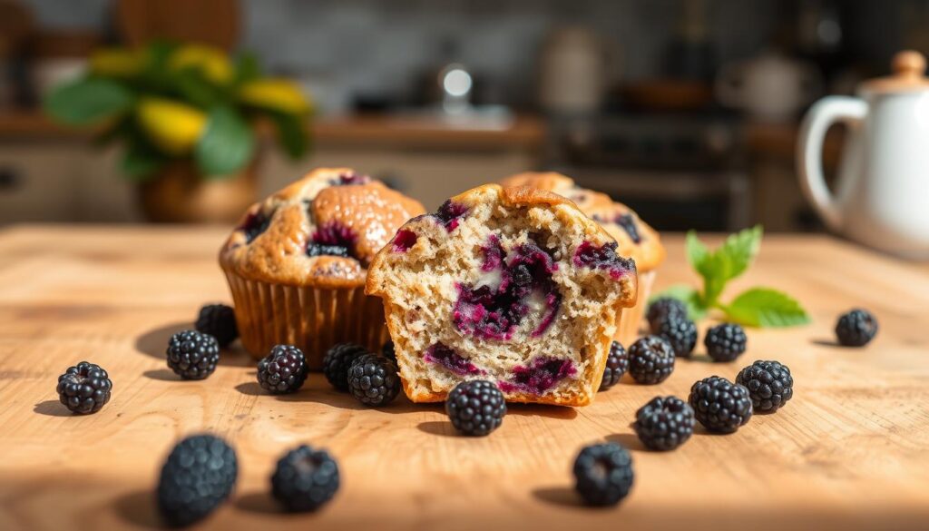 Freshly baked blackberry banana muffins sit on a rustic wooden table, their golden-brown tops glistening in the soft, natural lighting. The muffins are nestled among scattered fresh blackberries, their deep purple hues providing a striking contrast. In the background, a blurred kitchen scene suggests a cozy, inviting atmosphere. The muffins appear moist and fluffy, with a tempting swirl of banana and blackberry flavors visible in their cross-section. The overall composition conveys a sense of homemade warmth and the unique union of these two delectable fruits.