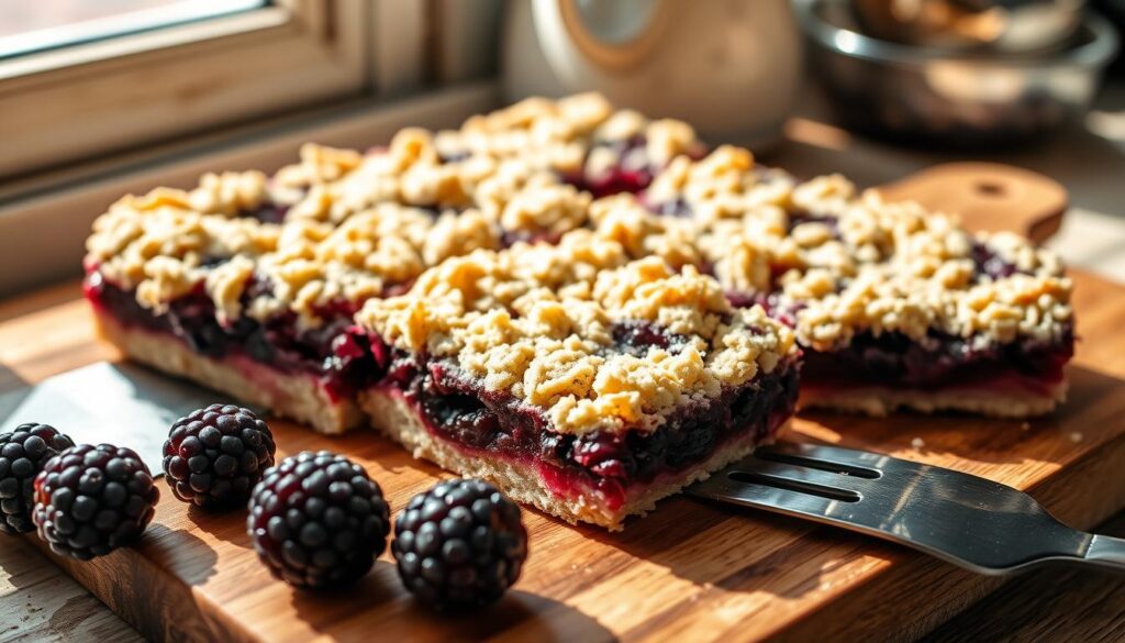 Freshly baked blackberry crumb bars, the rich purple berries nestled between layers of buttery, crumbly shortbread, illuminated by natural light streaming through a kitchen window. A rustic wooden cutting board provides the perfect backdrop, while a spatula rests nearby, ready to slice into the inviting treat. The scent of warm, just-baked pastry and tart berries fills the air, creating a tantalizing and homey atmosphere. Soft shadows and highlights accentuate the textural details of the layers, drawing the viewer in to imagine the satisfying flavors and textures of this essential dessert. Freshly baked blackberry crumb bars, the rich purple berries nestled between layers of buttery, crumbly shortbread, illuminated by natural light streaming through a kitchen window. A rustic wooden cutting board provides the perfect backdrop, while a spatula rests nearby, ready to slice into the inviting treat. The scent of warm, just-baked pastry and tart berries fills the air, creating a tantalizing and homey atmosphere. Soft shadows and highlights accentuate the textural details of the layers, drawing the viewer in to imagine the satisfying flavors and textures of this essential dessert.