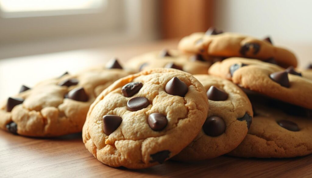 Freshly baked chocolate chip cookies, their golden-brown surfaces glistening with melted chips, arranged on a wooden table against a bright, airy backdrop. The cookies have a perfect crunchy-yet-soft texture, inviting a satisfying bite. Warm lighting from above casts a cozy glow, highlighting the tempting morsels. The scene evokes a sense of homemade comfort and indulgence, perfect for showcasing this delectable recipe. Freshly baked chocolate chip cookies, their golden-brown surfaces glistening with melted chips, arranged on a wooden table against a bright, airy backdrop. The cookies have a perfect crunchy-yet-soft texture, inviting a satisfying bite. Warm lighting from above casts a cozy glow, highlighting the tempting morsels. The scene evokes a sense of homemade comfort and indulgence, perfect for showcasing this delectable recipe.