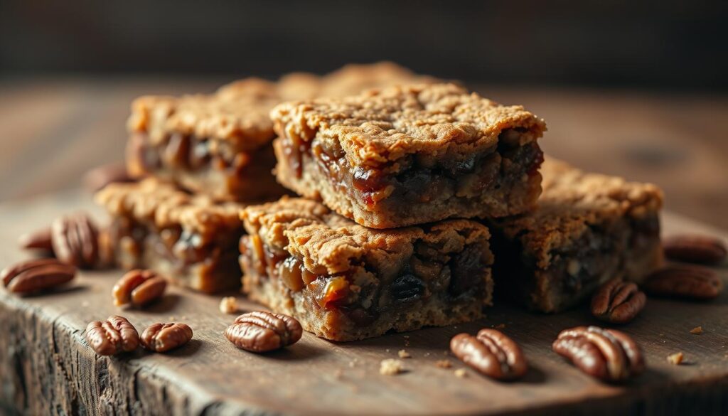 Freshly baked date bars sit on a rustic wooden table, the warm caramel-colored bars glistening under the gentle glow of soft, natural lighting. The crust is evenly browned, flecked with hints of cinnamon, while the interior is a rich, sticky-sweet filling of plump, juicy dates. Surrounding the bars are a few scattered pecans, adding a pleasant crunch. The scene is captured from a slightly elevated angle, emphasizing the inviting textures and mouthwatering details. An atmospheric depth of field softens the background, creating a cozy, homemade ambiance that perfectly encapsulates the essence of classic date bars. Freshly baked date bars sit on a rustic wooden table, the warm caramel-colored bars glistening under the gentle glow of soft, natural lighting. The crust is evenly browned, flecked with hints of cinnamon, while the interior is a rich, sticky-sweet filling of plump, juicy dates. Surrounding the bars are a few scattered pecans, adding a pleasant crunch. The scene is captured from a slightly elevated angle, emphasizing the inviting textures and mouthwatering details. An atmospheric depth of field softens the background, creating a cozy, homemade ambiance that perfectly encapsulates the essence of classic date bars.