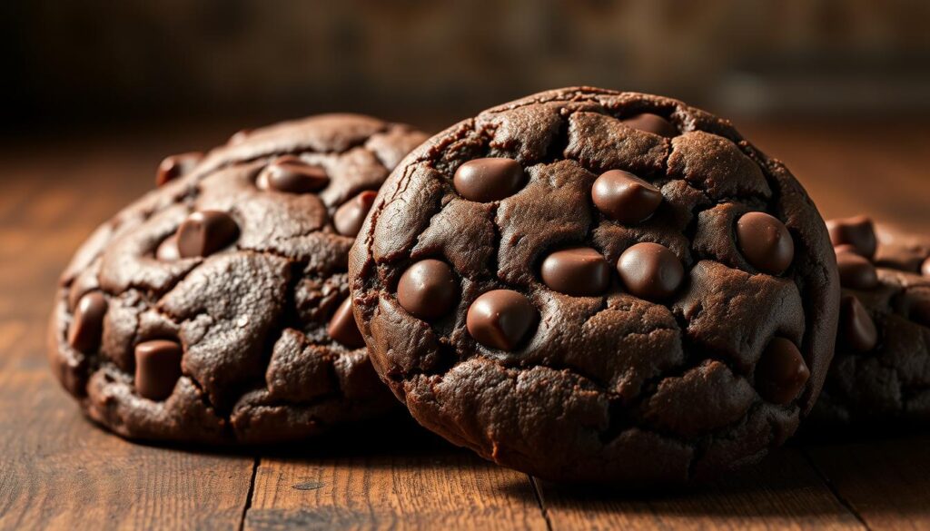 Freshly baked double chocolate thick chunky cookies, their crackly tops glistening with molten chocolate chips, resting on a rustic wooden surface. The warm, inviting aroma fills the air, tantalizing the senses. A soft, chewy interior with pockets of rich, decadent chocolate contrasts with the crisp, golden-brown edges. Backlighting casts dramatic shadows, highlighting the alluring texture and depth of these ultimate indulgent treats. Captured in a dramatic, high-contrast lighting setup with a shallow depth of field, emphasizing the inviting, mouthwatering appearance of these irresistible homemade cookies.
