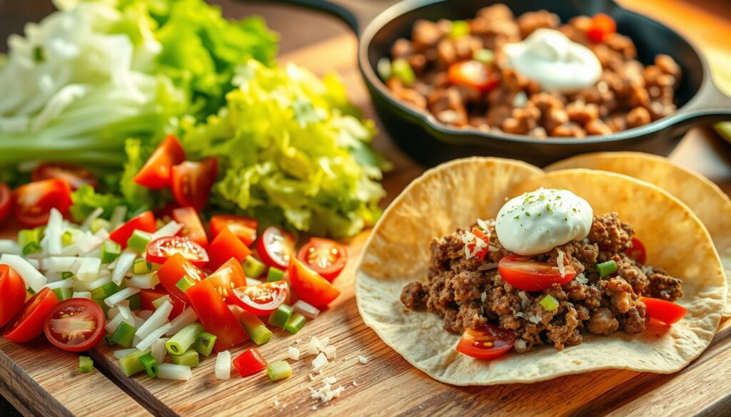 Freshly chopped onions, vibrant tomatoes, crisp lettuce, and a pile of ground beef sizzling in a cast-iron skillet. The aroma of cumin, garlic, and chili peppers fills the air, creating a mouthwatering scene. Soft taco shells wait patiently on a wooden board, ready to be filled with the flavorful ingredients. The warm lighting casts a golden glow, highlighting the textures and colors of this authentic Mexican taco spread. A sprinkle of shredded cheese and a dollop of sour cream complete the perfectly balanced composition, inviting the viewer to imagine the satisfying crunch and burst of flavors. Freshly chopped onions, vibrant tomatoes, crisp lettuce, and a pile of ground beef sizzling in a cast-iron skillet. The aroma of cumin, garlic, and chili peppers fills the air, creating a mouthwatering scene. Soft taco shells wait patiently on a wooden board, ready to be filled with the flavorful ingredients. The warm lighting casts a golden glow, highlighting the textures and colors of this authentic Mexican taco spread. A sprinkle of shredded cheese and a dollop of sour cream complete the perfectly balanced composition, inviting the viewer to imagine the satisfying crunch and burst of flavors.