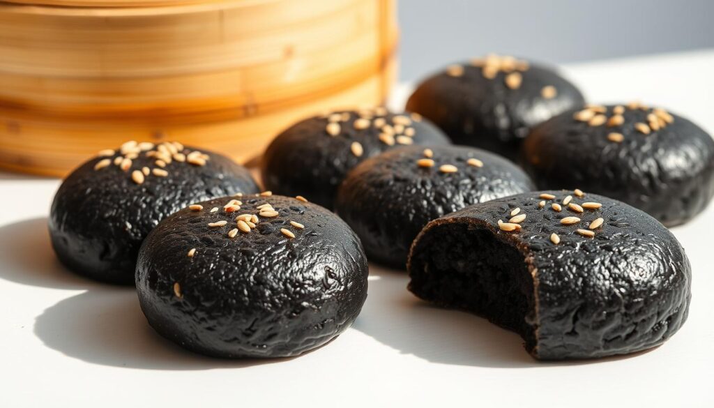 Freshly made black rice cakes, their glossy surfaces reflecting the warm lighting. Soft, chewy texture with a subtle sweetness, dusted with a light coating of toasted sesame seeds. Placed on a clean, white surface, with a simple bamboo steamer in the background, evoking a peaceful, minimalist Japanese aesthetic. Crisp shadows add depth and dimension, highlighting the cakes' alluring, inky hue. Photographed with a macro lens to capture the intricate details and satisfying bite-sized proportions. An inviting scene that whets the appetite and showcases the unique appeal of these traditional Asian delicacies.