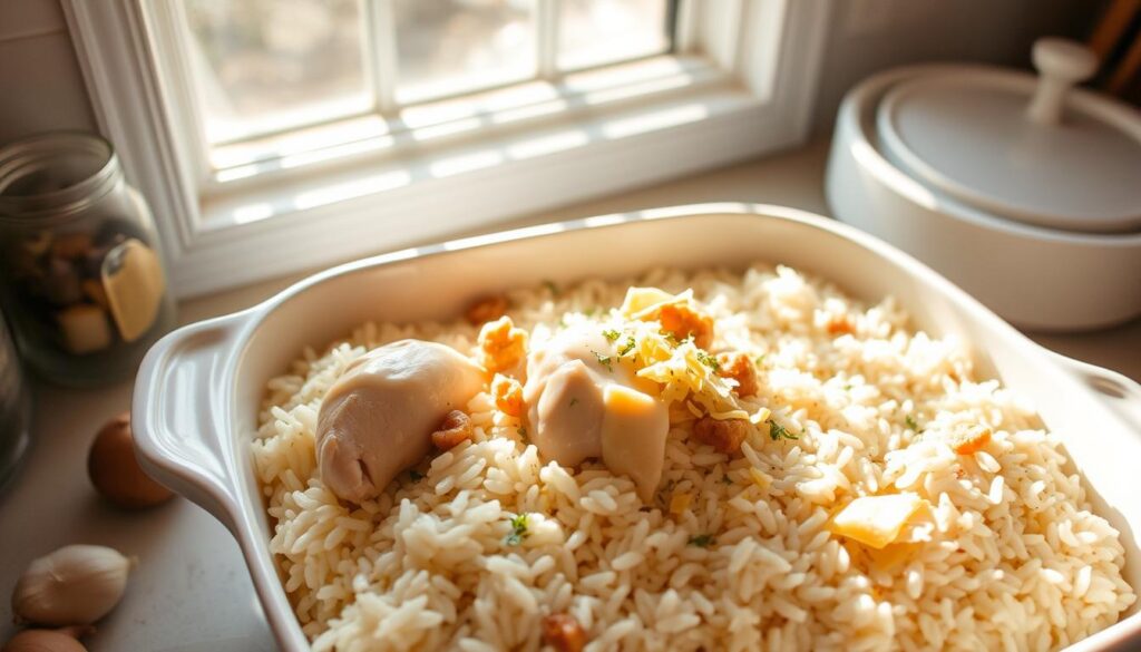 Gentle rays of sunlight stream through a kitchen window, illuminating a pristine white casserole dish. On the counter, freshly cooked chicken and fluffy white rice await assembly. Tender pieces of chicken are nestled among the grains, infusing the dish with their savory essence. A medley of aromatic herbs, garlic, and onions add depth and complexity to the scene. The casserole is ready to be topped with a creamy sauce and a sprinkle of shredded cheese, creating a comforting and inviting introduction to this classic comfort food. The overall composition exudes a warm, homey atmosphere, capturing the essence of an "Easy Old School Chicken and Rice Casserole." Gentle rays of sunlight stream through a kitchen window, illuminating a pristine white casserole dish. On the counter, freshly cooked chicken and fluffy white rice await assembly. Tender pieces of chicken are nestled among the grains, infusing the dish with their savory essence. A medley of aromatic herbs, garlic, and onions add depth and complexity to the scene. The casserole is ready to be topped with a creamy sauce and a sprinkle of shredded cheese, creating a comforting and inviting introduction to this classic comfort food. The overall composition exudes a warm, homey atmosphere, capturing the essence of an "Easy Old School Chicken and Rice Casserole."
