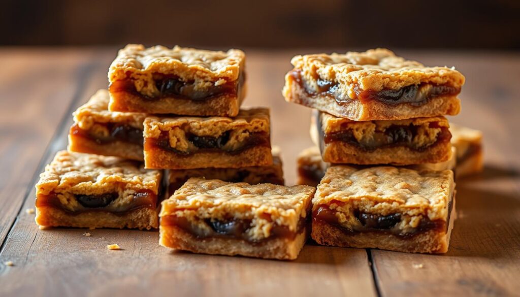 High-quality, detailed image of classic date bars arranged on a wooden table. Warm, ambient lighting illuminates the bars, highlighting their rich, caramel-like color and flaky, buttery texture. The bars are stacked neatly, showcasing their layered construction with a visible center of soft, sweet dates. Subtle shadows and reflections add depth and dimensionality to the scene. The table's natural wood grain and rustic, weathered appearance provide a classic, timeless backdrop. Overall, the image conveys a sense of nostalgia and homemade comfort, perfectly capturing the essence of traditional date bars. High-quality, detailed image of classic date bars arranged on a wooden table. Warm, ambient lighting illuminates the bars, highlighting their rich, caramel-like color and flaky, buttery texture. The bars are stacked neatly, showcasing their layered construction with a visible center of soft, sweet dates. Subtle shadows and reflections add depth and dimensionality to the scene. The table's natural wood grain and rustic, weathered appearance provide a classic, timeless backdrop. Overall, the image conveys a sense of nostalgia and homemade comfort, perfectly capturing the essence of traditional date bars.