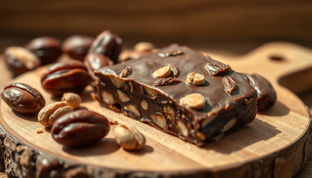 High-resolution, highly detailed illustration of a healthy Snickers Date Bark dessert in a natural, organic setting. Slice of the bark placed on a wooden board, with whole dates, roasted peanuts, and melted dark chocolate surrounding it. Warm, natural lighting casts soft shadows, highlighting the rich colors and textures. Shallow depth of field, with the dessert in crisp focus and the background gently blurred. Evokes a sense of nourishment, wholesomeness, and the health benefits of the simple, natural ingredients. High-resolution, highly detailed illustration of a healthy Snickers Date Bark dessert in a natural, organic setting. Slice of the bark placed on a wooden board, with whole dates, roasted peanuts, and melted dark chocolate surrounding it. Warm, natural lighting casts soft shadows, highlighting the rich colors and textures. Shallow depth of field, with the dessert in crisp focus and the background gently blurred. Evokes a sense of nourishment, wholesomeness, and the health benefits of the simple, natural ingredients.