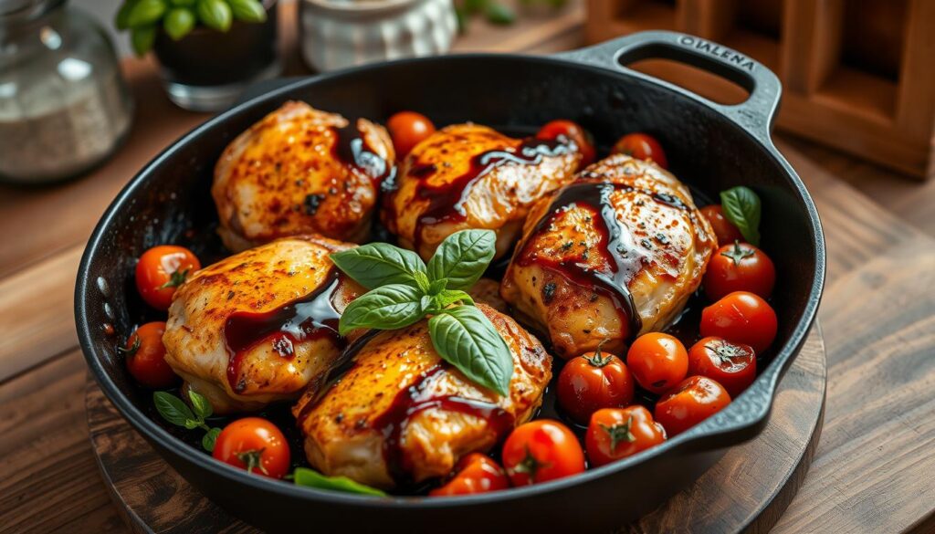 High-resolution photo of a one-pan balsamic chicken dish, shot in natural lighting with a shallow depth of field. The chicken thighs are golden-brown, sizzling in a cast-iron skillet, surrounded by blistered cherry tomatoes, fresh basil leaves, and drizzled with a glistening balsamic reduction. The dish is presented on a rustic wooden surface, with a background of simple, minimalist decor suggesting a cozy, homey kitchen setting. The composition emphasizes the delicious, mouth-watering appearance of the dish, inviting the viewer to imagine the savory aroma and satisfying flavors of this easy, one-pan balsamic chicken meal. High-resolution photo of a one-pan balsamic chicken dish, shot in natural lighting with a shallow depth of field. The chicken thighs are golden-brown, sizzling in a cast-iron skillet, surrounded by blistered cherry tomatoes, fresh basil leaves, and drizzled with a glistening balsamic reduction. The dish is presented on a rustic wooden surface, with a background of simple, minimalist decor suggesting a cozy, homey kitchen setting. The composition emphasizes the delicious, mouth-watering appearance of the dish, inviting the viewer to imagine the savory aroma and satisfying flavors of this easy, one-pan balsamic chicken meal.