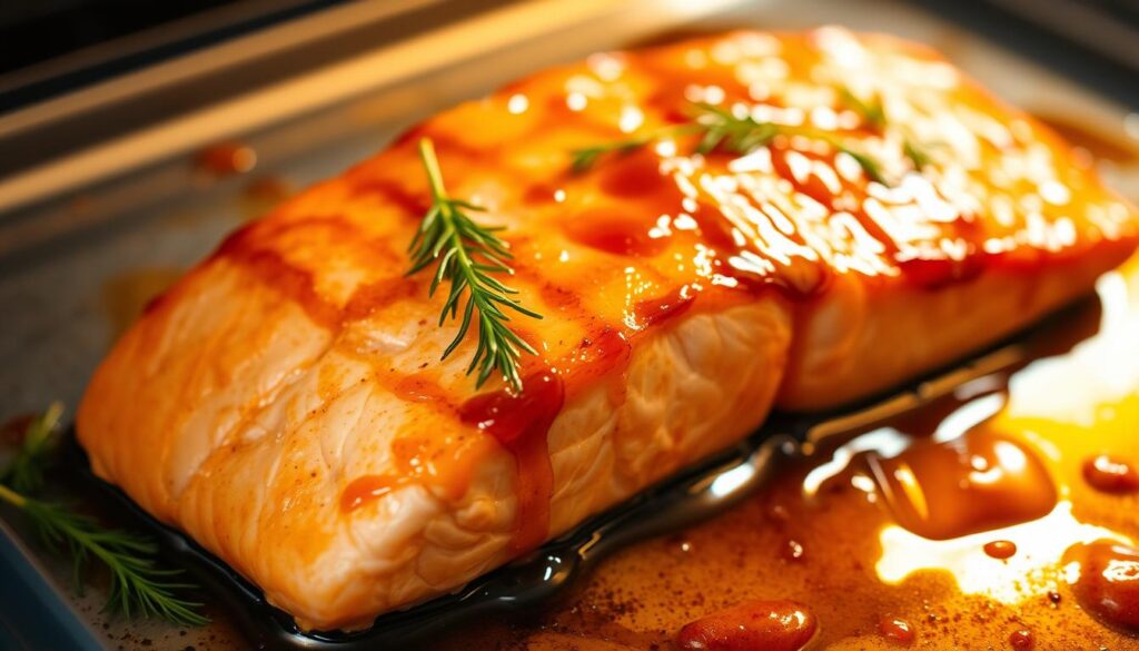 Honey glazed salmon fillet, seared to perfection and baked in a convection oven. Crisp, golden-brown skin glistens under warm, soft lighting, showcasing the tender, flaky interior. The salmon rests on a metal baking sheet, garnished with fresh dill sprigs and a drizzle of glossy honey glaze. Subtle smoke and caramelized aromas fill the air, creating a welcoming, appetizing atmosphere. Shot from a low angle to emphasize the succulent, gourmet presentation of this easy, delicious baked salmon dish. Honey glazed salmon fillet, seared to perfection and baked in a convection oven. Crisp, golden-brown skin glistens under warm, soft lighting, showcasing the tender, flaky interior. The salmon rests on a metal baking sheet, garnished with fresh dill sprigs and a drizzle of glossy honey glaze. Subtle smoke and caramelized aromas fill the air, creating a welcoming, appetizing atmosphere. Shot from a low angle to emphasize the succulent, gourmet presentation of this easy, delicious baked salmon dish.