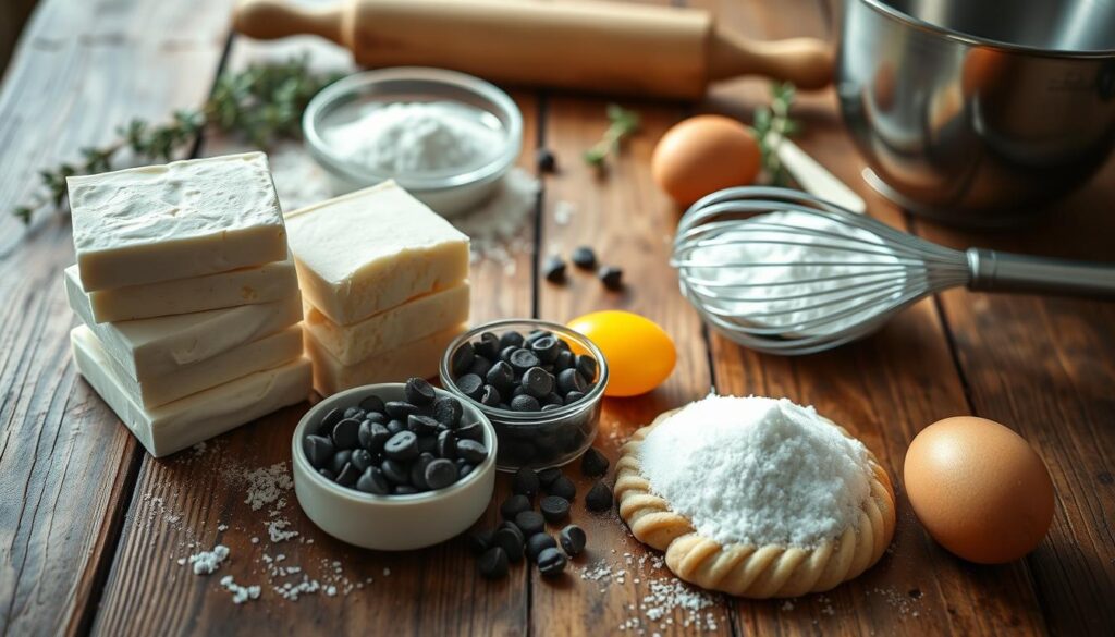 Ingredients for Cheesecake Cookies: A high-angle shot of a rustic wooden table, illuminated by soft, natural lighting. In the foreground, an assortment of baking ingredients is neatly arranged - a stack of cream cheese blocks, a bowl of granulated sugar, a handful of chocolate chips, a whisk, and an egg. The middle ground showcases a rolling pin, a mixing bowl, and a spatula, hinting at the process of creating the perfect cheesecake cookies. In the background, a few sprigs of fresh thyme or rosemary add a touch of herbal aroma, complementing the rich, indulgent ingredients. The overall atmosphere is cozy, inviting, and focused on the essential elements needed to craft these delectable treats. Ingredients for Cheesecake Cookies: A high-angle shot of a rustic wooden table, illuminated by soft, natural lighting. In the foreground, an assortment of baking ingredients is neatly arranged - a stack of cream cheese blocks, a bowl of granulated sugar, a handful of chocolate chips, a whisk, and an egg. The middle ground showcases a rolling pin, a mixing bowl, and a spatula, hinting at the process of creating the perfect cheesecake cookies. In the background, a few sprigs of fresh thyme or rosemary add a touch of herbal aroma, complementing the rich, indulgent ingredients. The overall atmosphere is cozy, inviting, and focused on the essential elements needed to craft these delectable treats.